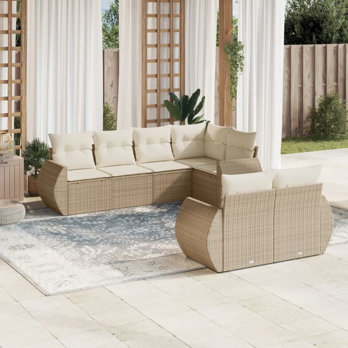 7-tlg. Garten-Sofagarnitur mit Kissen Schwarz Poly Rattan