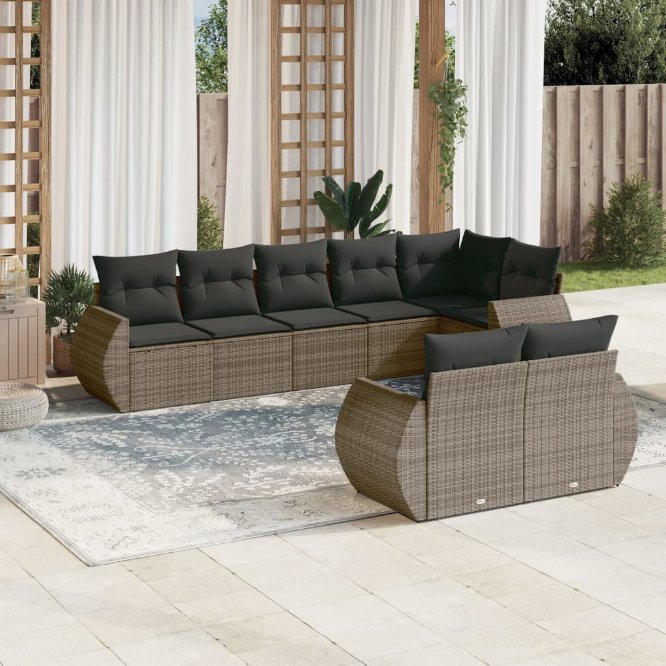 8-tlg. Garten-Sofagarnitur mit Kissen Schwarz Poly Rattan