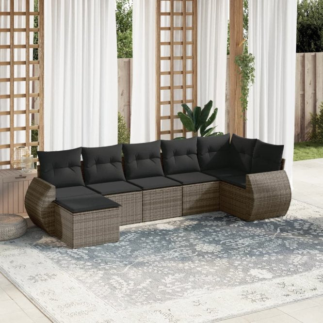 7-tlg. Garten-Sofagarnitur mit Kissen Schwarz Poly Rattan