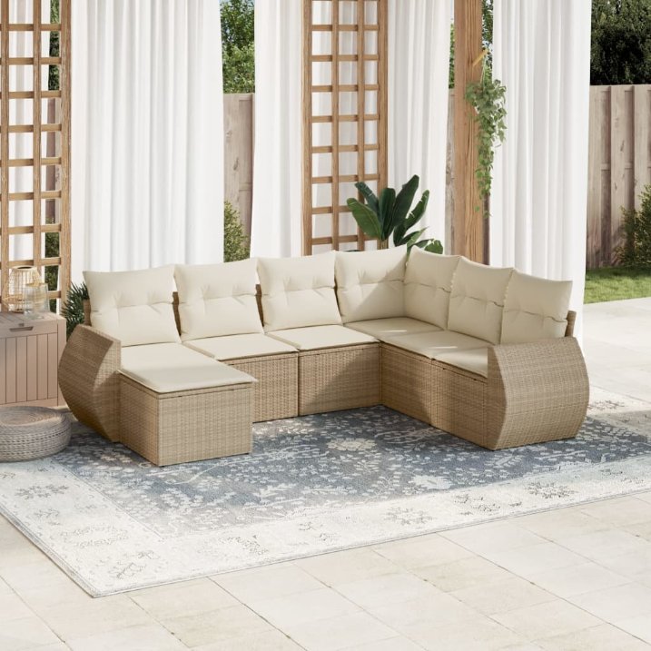7-tlg. Garten-Sofagarnitur mit Kissen Schwarz Poly Rattan