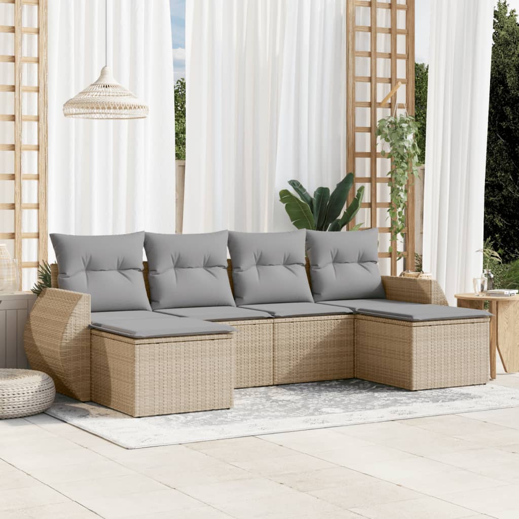 6-tlg. Garten-Sofagarnitur mit Kissen Schwarz Poly Rattan