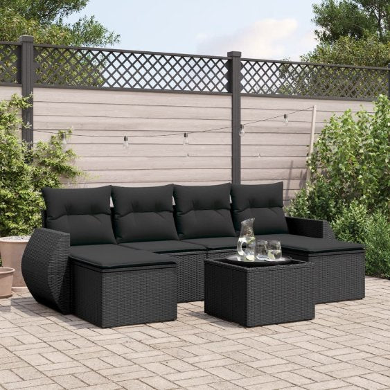 6-tlg. Garten-Sofagarnitur mit Kissen Schwarz Poly Rattan