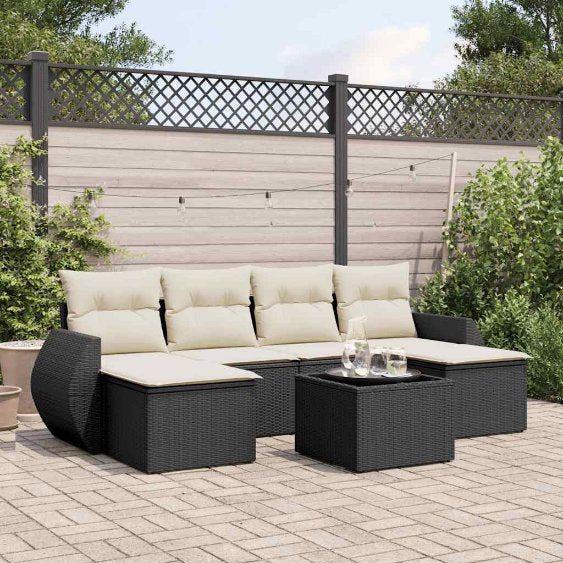 6-tlg. Garten-Sofagarnitur mit Kissen Schwarz Poly Rattan