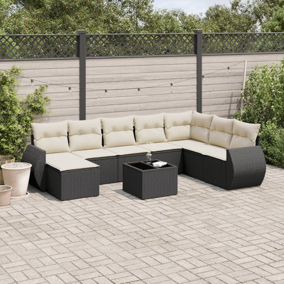8-tlg. Garten-Sofagarnitur mit Kissen Schwarz Poly Rattan