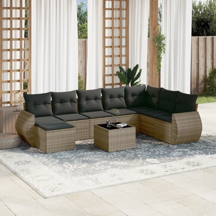 8-tlg. Garten-Sofagarnitur mit Kissen Schwarz Poly Rattan