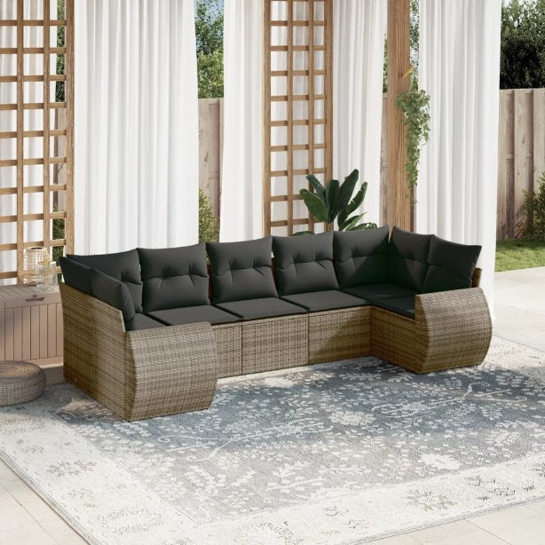 7-tlg. Garten-Sofagarnitur mit Kissen Schwarz Poly Rattan