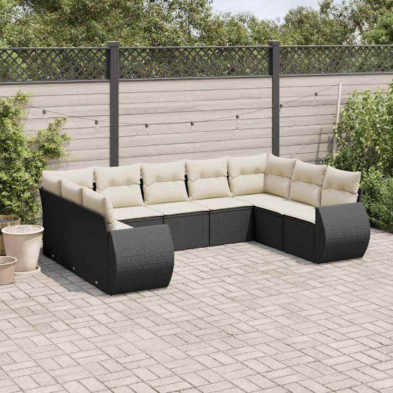 9-tlg. Garten-Sofagarnitur mit Kissen Schwarz Poly Rattan