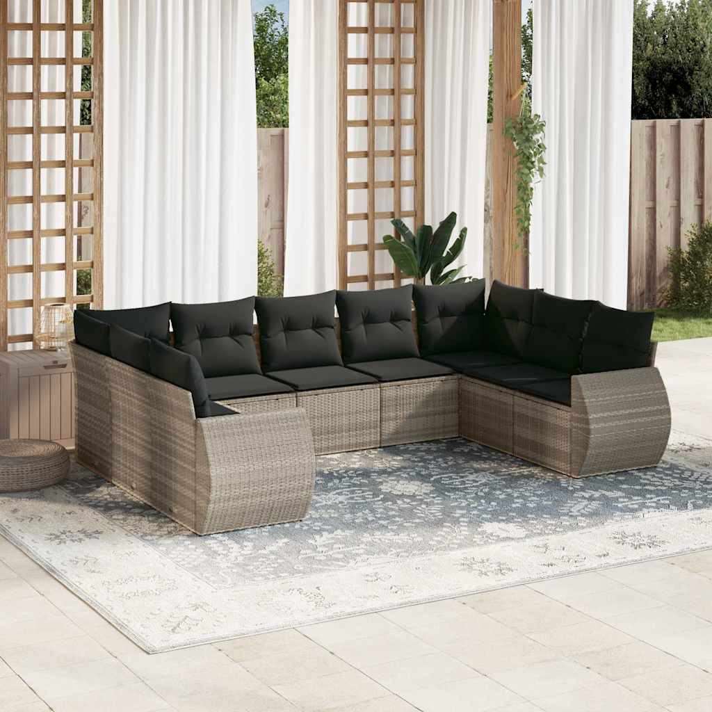 9-tlg. Garten-Sofagarnitur mit Kissen Schwarz Poly Rattan