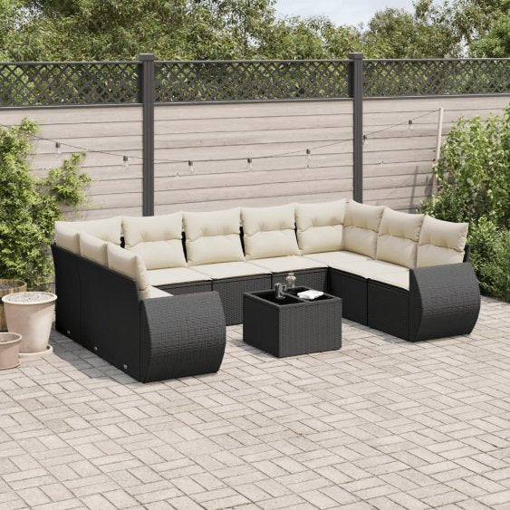 9-tlg. Garten-Sofagarnitur mit Kissen Schwarz Poly Rattan