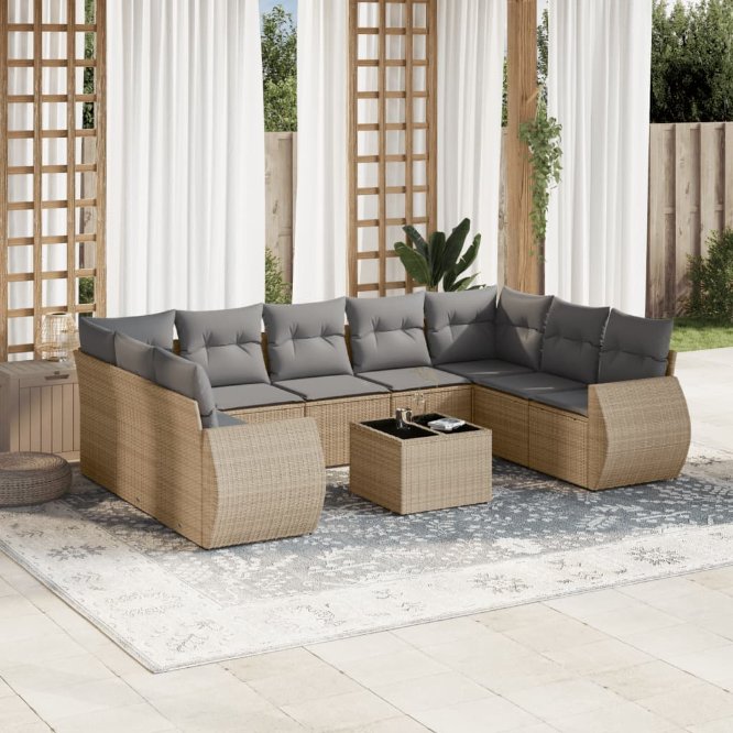 9-tlg. Garten-Sofagarnitur mit Kissen Schwarz Poly Rattan