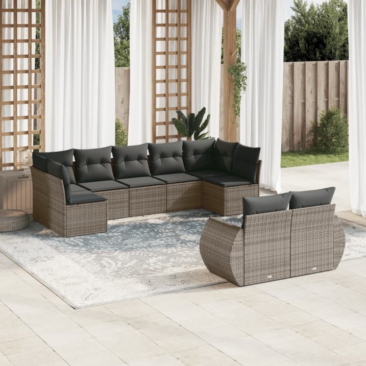 9-tlg. Garten-Sofagarnitur mit Kissen Schwarz Poly Rattan