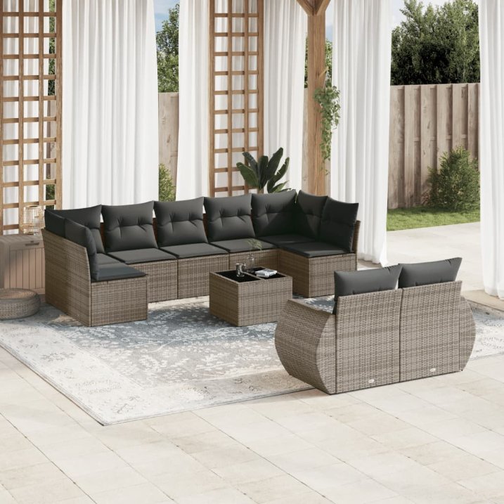 9-tlg. Garten-Sofagarnitur mit Kissen Schwarz Poly Rattan