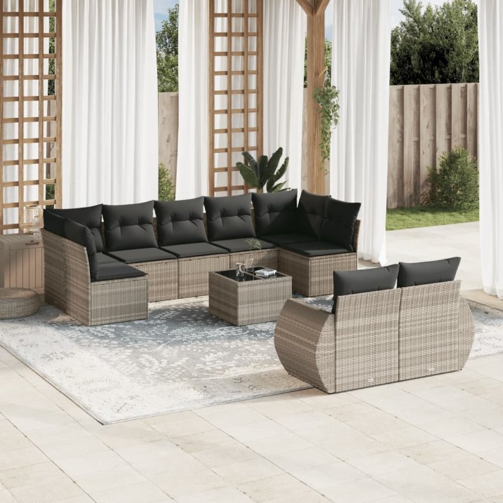 9-tlg. Garten-Sofagarnitur mit Kissen Schwarz Poly Rattan