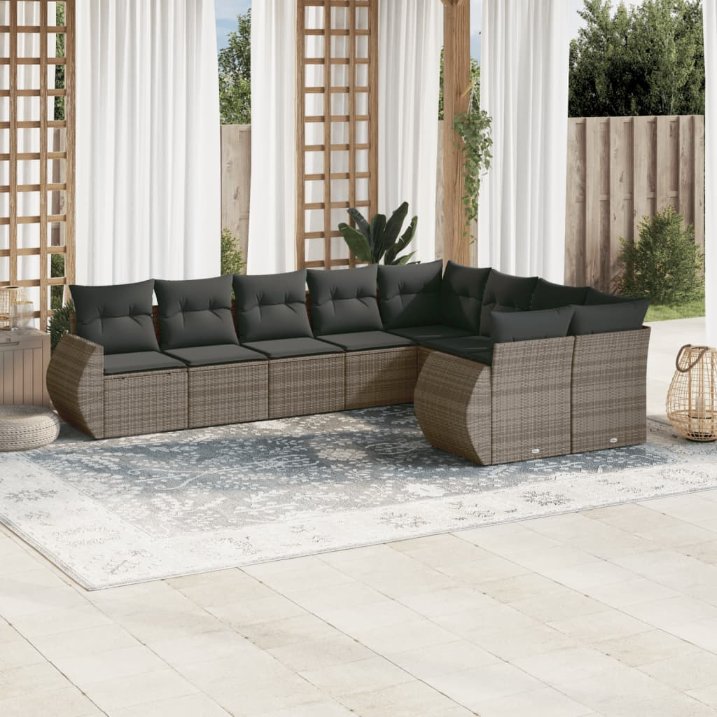 9-tlg. Garten-Sofagarnitur mit Kissen Schwarz Poly Rattan