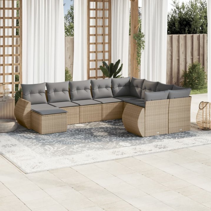 vidaXL 10-tlg. Garten-Sofagarnitur mit Kissen Schwarz Poly Rattan
