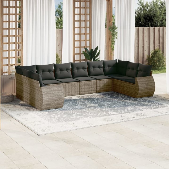 vidaXL 10-tlg. Garten-Sofagarnitur mit Kissen Schwarz Poly Rattan