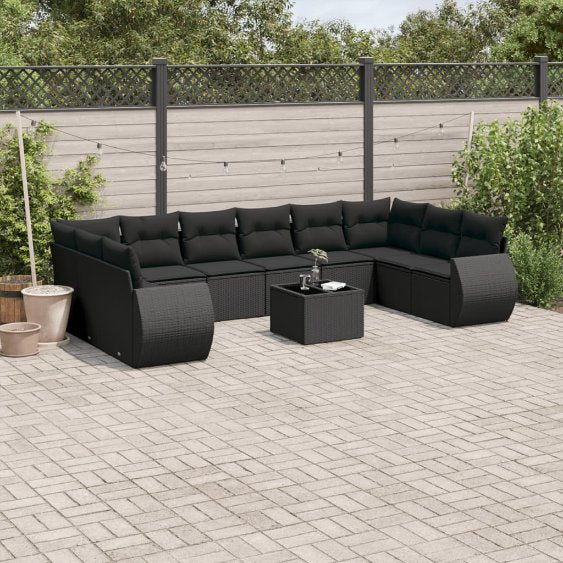 vidaXL 10-tlg. Garten-Sofagarnitur mit Kissen Schwarz Poly Rattan
