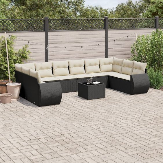 vidaXL 10-tlg. Garten-Sofagarnitur mit Kissen Schwarz Poly Rattan