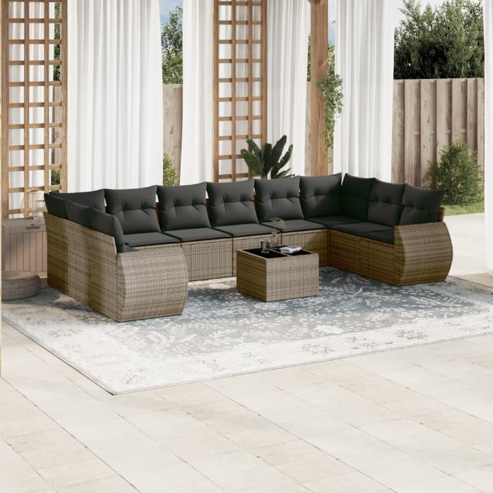 vidaXL 10-tlg. Garten-Sofagarnitur mit Kissen Schwarz Poly Rattan