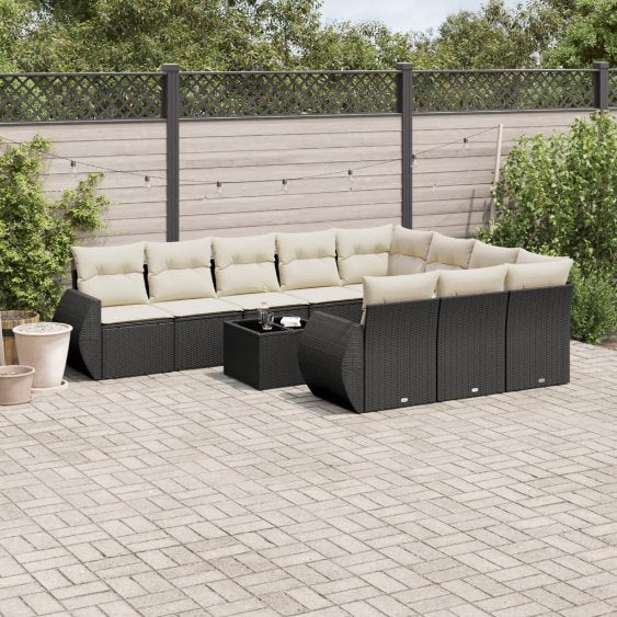 vidaXL 10-tlg. Garten-Sofagarnitur mit Kissen Schwarz Poly Rattan