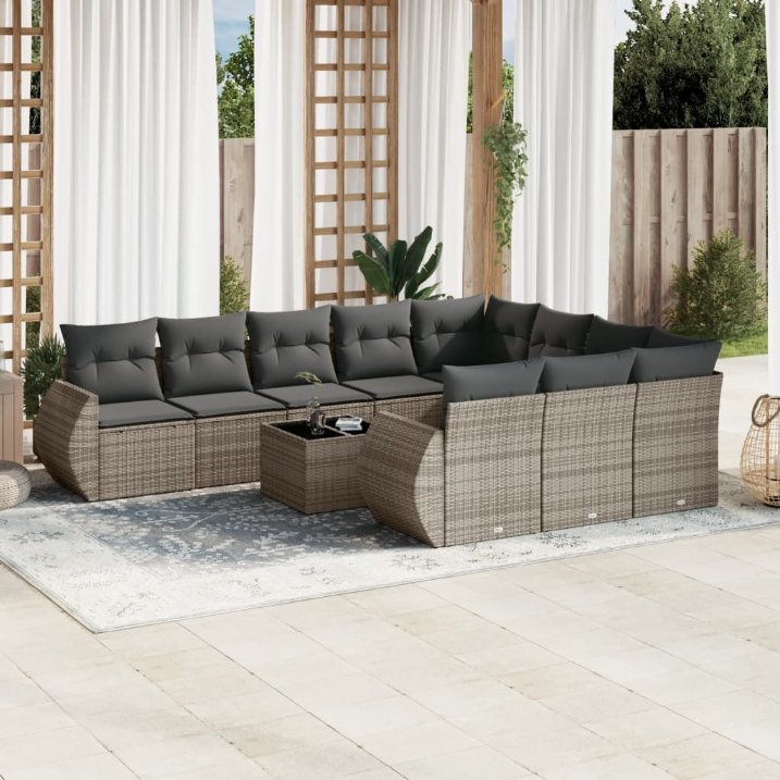 vidaXL 10-tlg. Garten-Sofagarnitur mit Kissen Schwarz Poly Rattan