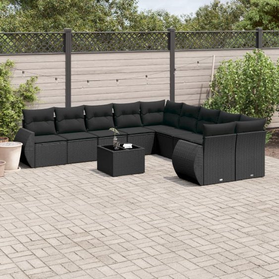 vidaXL 10-tlg. Garten-Sofagarnitur mit Kissen Schwarz Poly Rattan