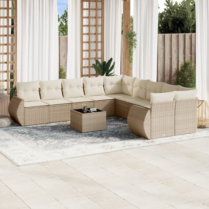 vidaXL 10-tlg. Garten-Sofagarnitur mit Kissen Schwarz Poly Rattan