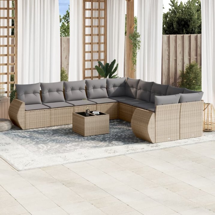 vidaXL 10-tlg. Garten-Sofagarnitur mit Kissen Schwarz Poly Rattan