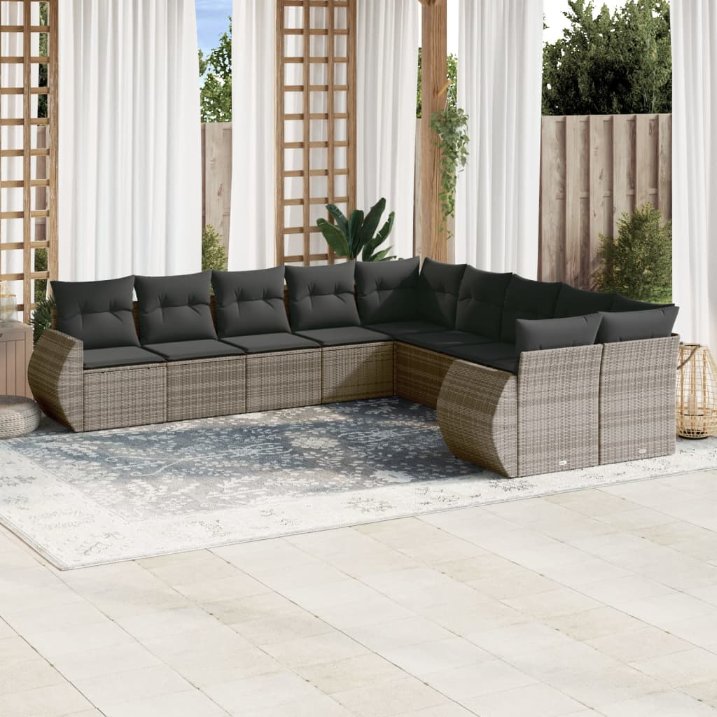 vidaXL 10-tlg. Garten-Sofagarnitur mit Kissen Schwarz Poly Rattan