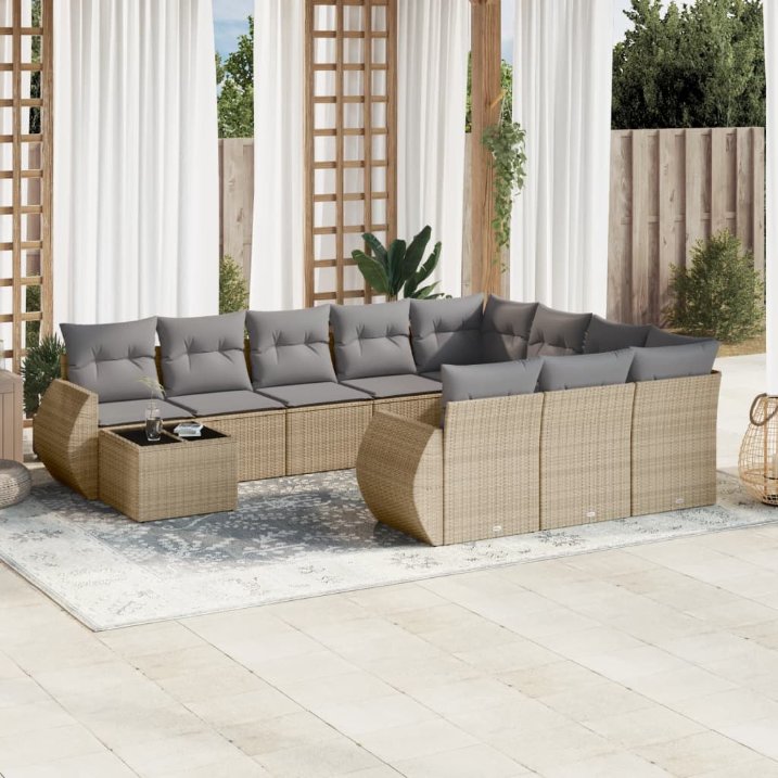 11-tlg. Garten-Sofagarnitur mit Kissen Schwarz Poly Rattan