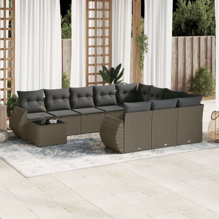 11-tlg. Garten-Sofagarnitur mit Kissen Schwarz Poly Rattan