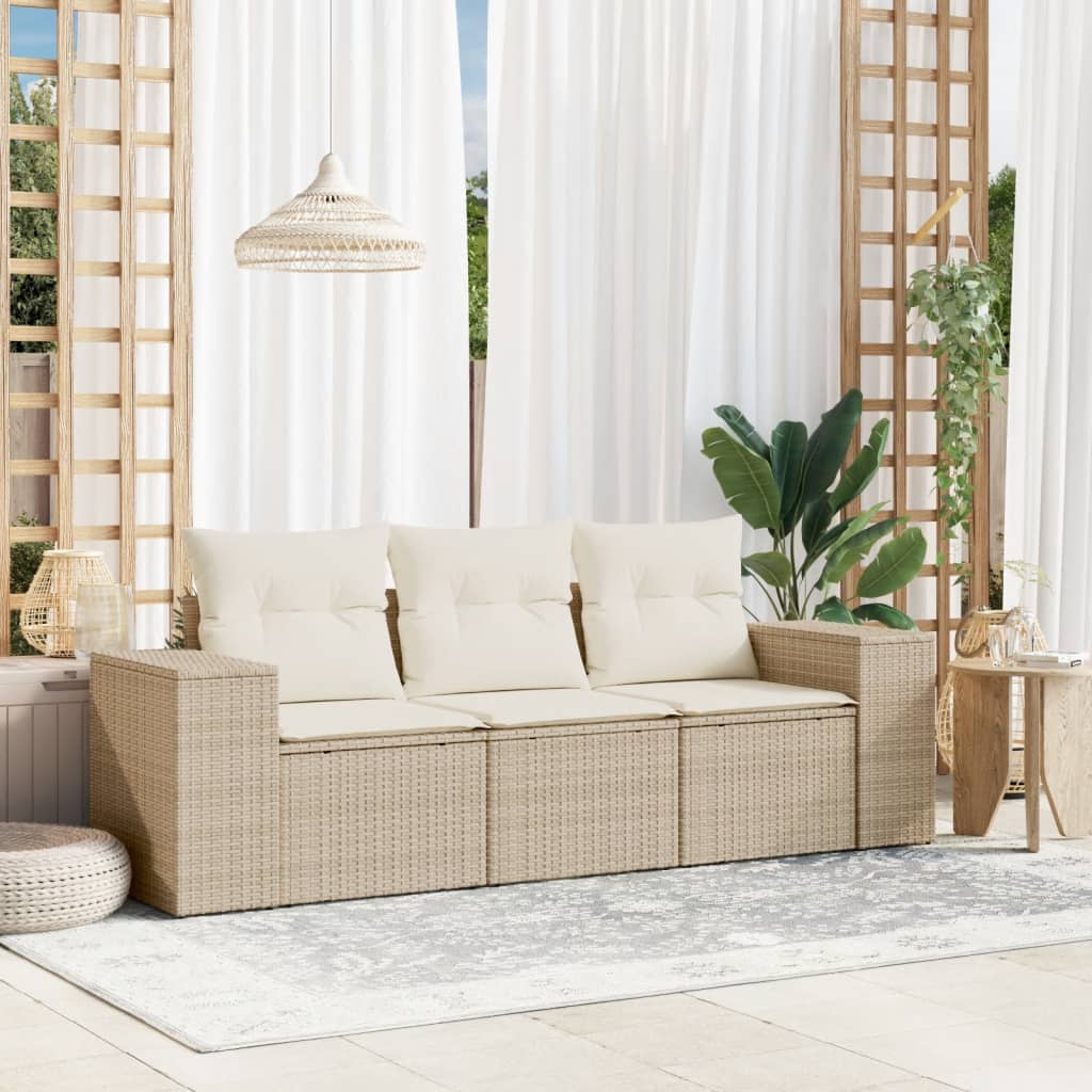 3-tlg. Garten-Sofagarnitur mit Kissen Schwarz Poly Rattan