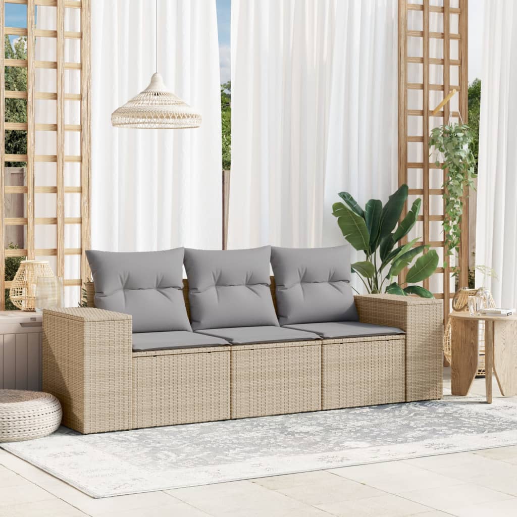 3-tlg. Garten-Sofagarnitur mit Kissen Schwarz Poly Rattan