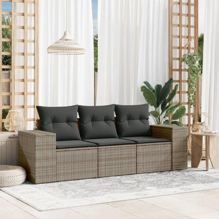 3-tlg. Garten-Sofagarnitur mit Kissen Schwarz Poly Rattan