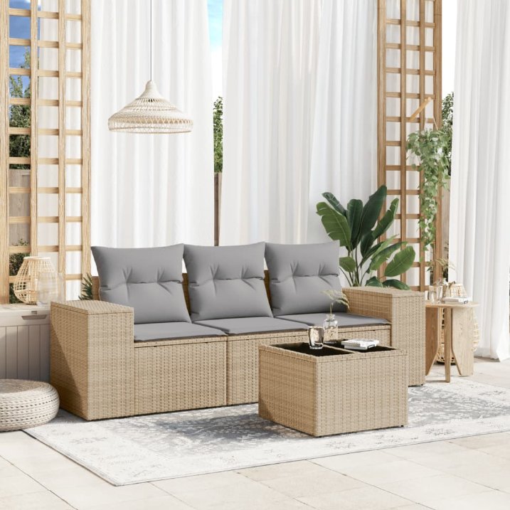 3-tlg. Garten-Sofagarnitur mit Kissen Schwarz Poly Rattan