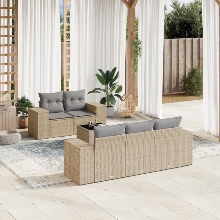 6-tlg. Garten-Sofagarnitur mit Kissen Schwarz Poly Rattan