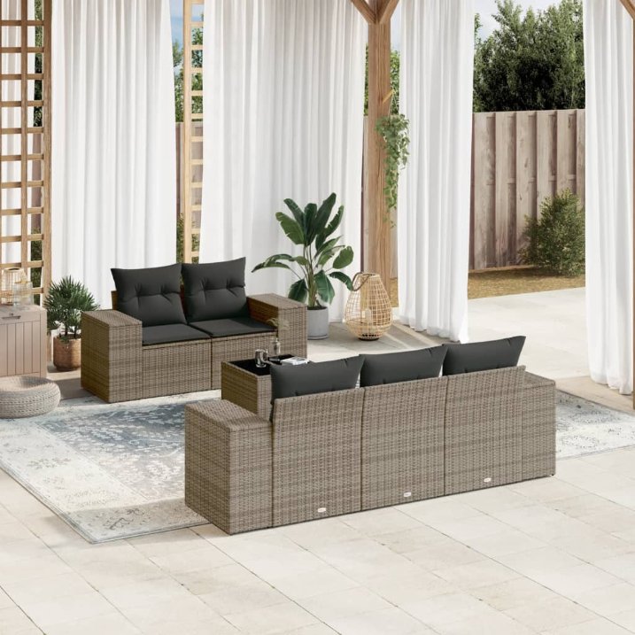 6-tlg. Garten-Sofagarnitur mit Kissen Schwarz Poly Rattan