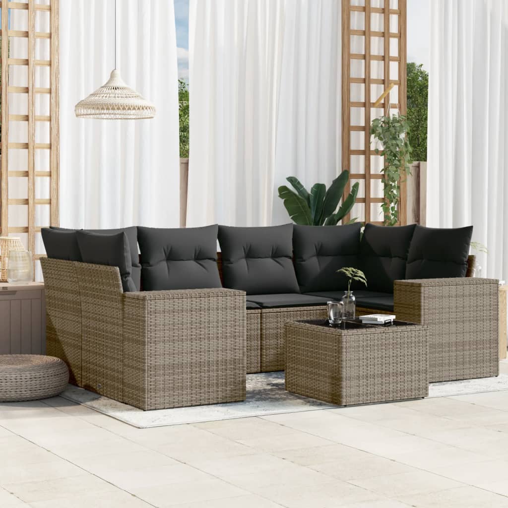 7-tlg. Garten-Sofagarnitur mit Kissen Schwarz Poly Rattan