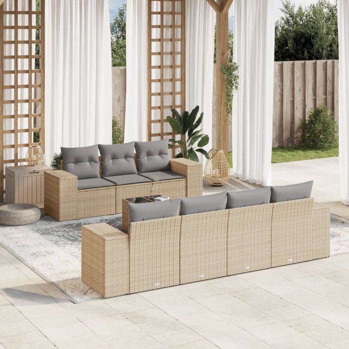 8-tlg. Garten-Sofagarnitur mit Kissen Schwarz Poly Rattan