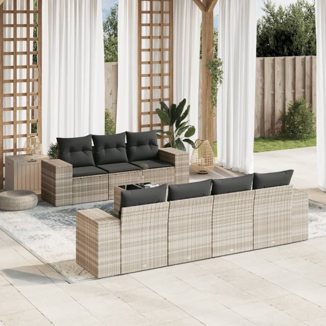 8-tlg. Garten-Sofagarnitur mit Kissen Schwarz Poly Rattan