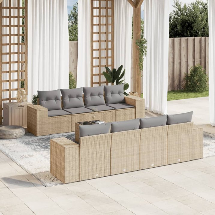9-tlg. Garten-Sofagarnitur mit Kissen Schwarz Poly Rattan