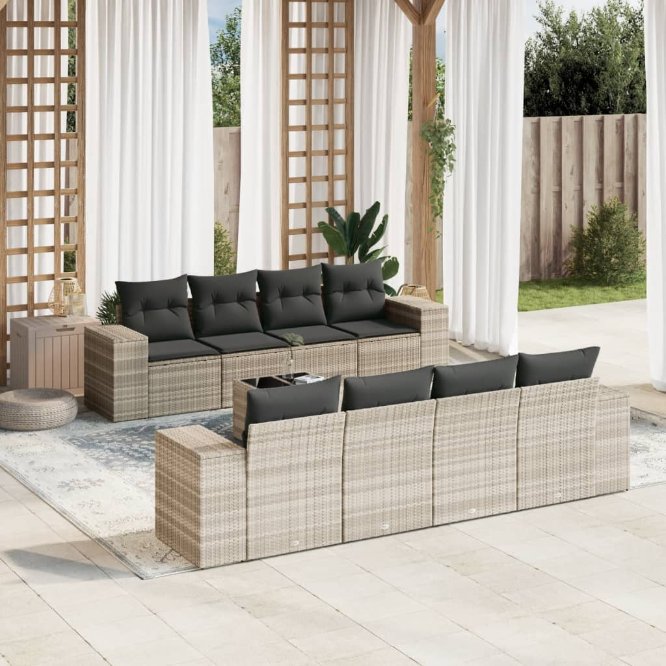 9-tlg. Garten-Sofagarnitur mit Kissen Schwarz Poly Rattan
