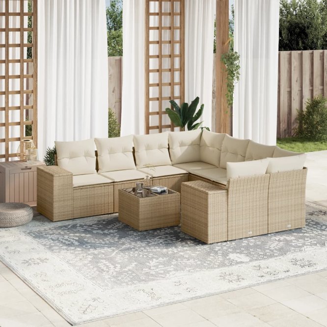 9-tlg. Garten-Sofagarnitur mit Kissen Schwarz Poly Rattan