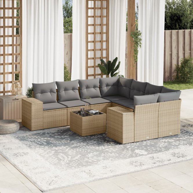9-tlg. Garten-Sofagarnitur mit Kissen Schwarz Poly Rattan