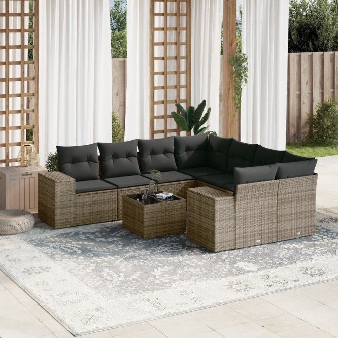 9-tlg. Garten-Sofagarnitur mit Kissen Schwarz Poly Rattan