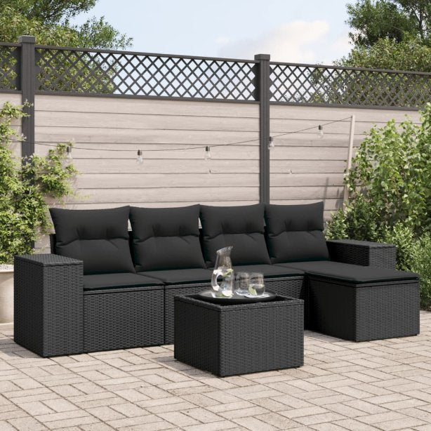 5-tlg. Garten-Sofagarnitur mit Kissen Schwarz Poly Rattan