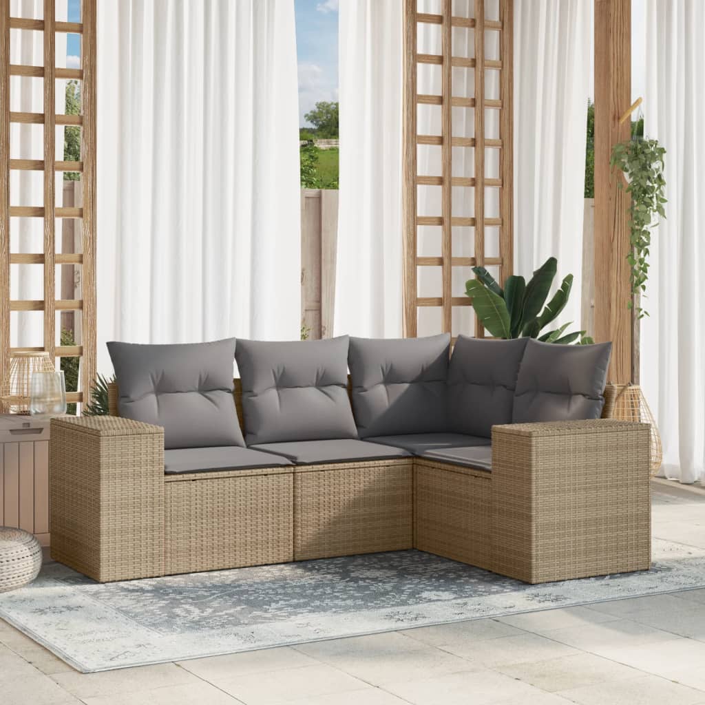 4-tlg. Garten-Sofagarnitur mit Kissen Schwarz Poly Rattan