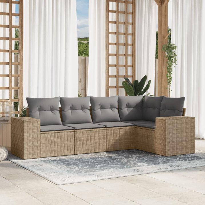 5-tlg. Garten-Sofagarnitur mit Kissen Schwarz Poly Rattan