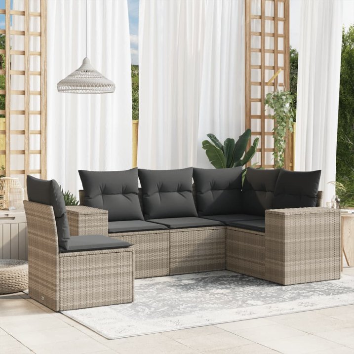 5-tlg. Garten-Sofagarnitur mit Kissen Schwarz Poly Rattan