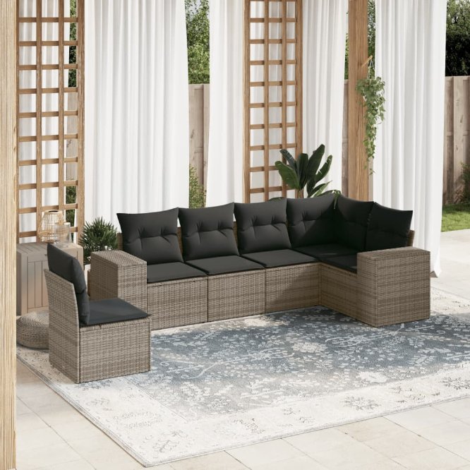6-tlg. Garten-Sofagarnitur mit Kissen Schwarz Poly Rattan